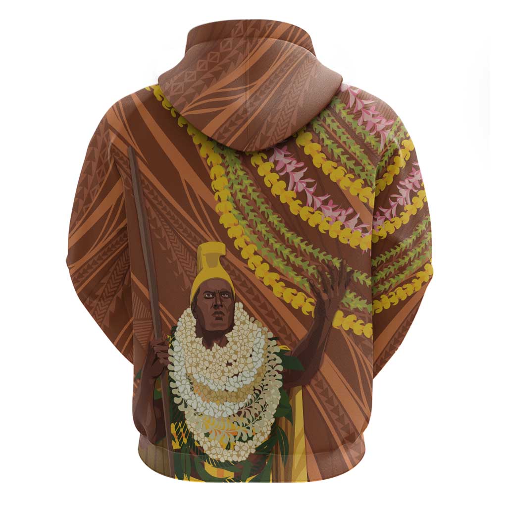 Hawaii King Kamehameha Zip Hoodie Hawaiian Kakau Pattern With Leis