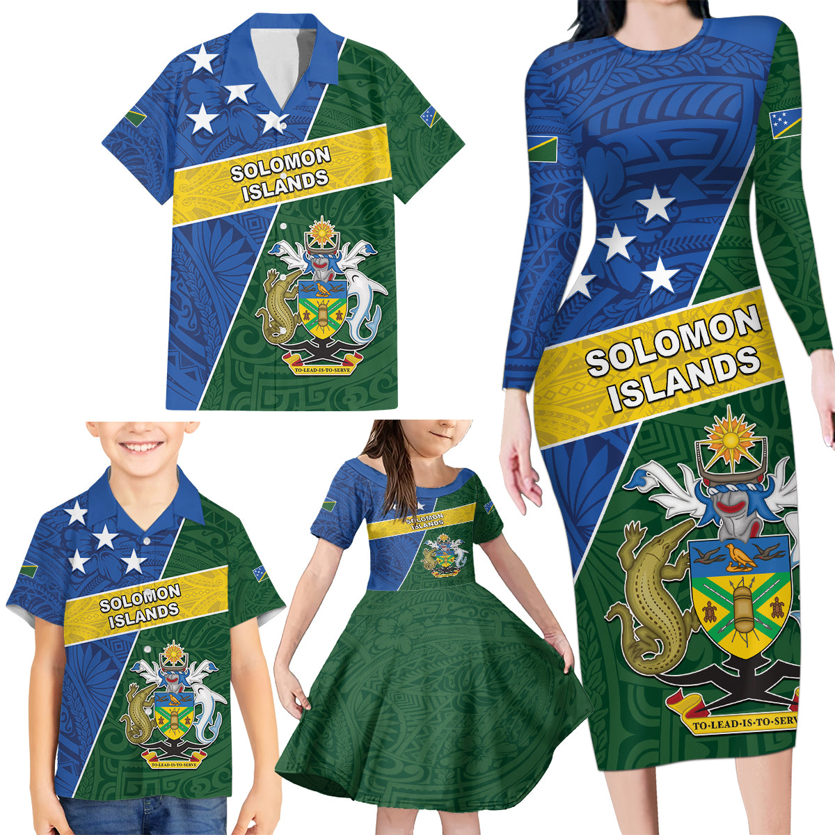 Personalised Solomon Islands Independence Day Family Matching Long Sleeve Bodycon Dress and Hawaiian Shirt With Coat Of Arms LT05 - Polynesian Pride