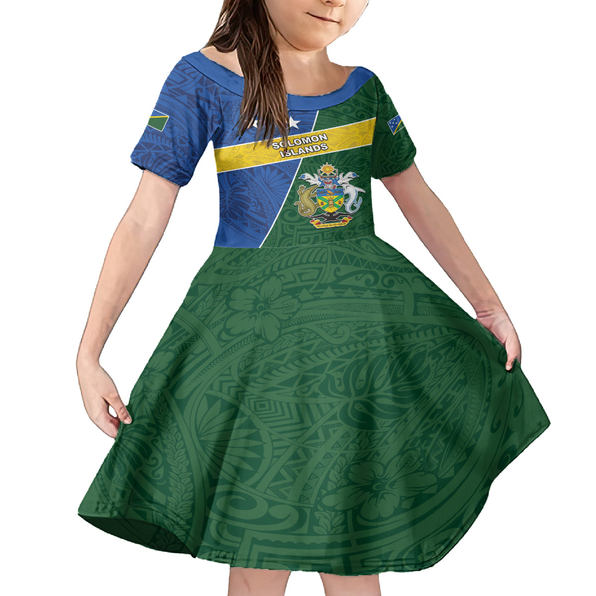 Personalised Solomon Islands Independence Day Family Matching Off Shoulder Maxi Dress and Hawaiian Shirt With Coat Of Arms LT05 Daughter's Dress Green - Polynesian Pride