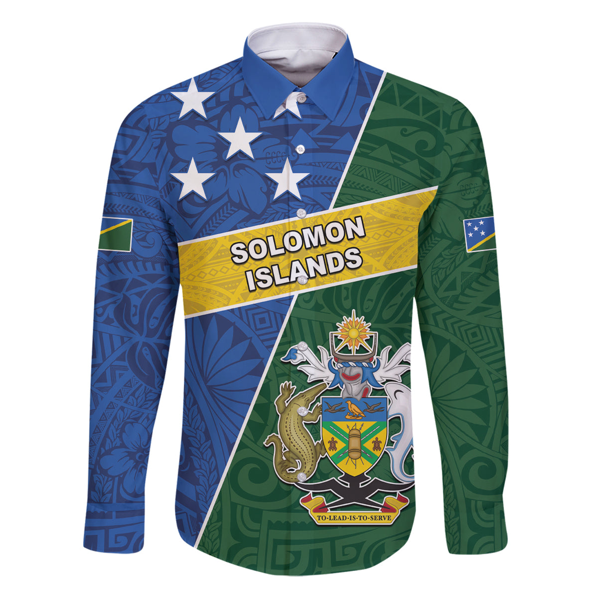 Personalised Solomon Islands Independence Day Family Matching Off Shoulder Maxi Dress and Hawaiian Shirt With Coat Of Arms LT05 Dad's Shirt - Long Sleeve Green - Polynesian Pride