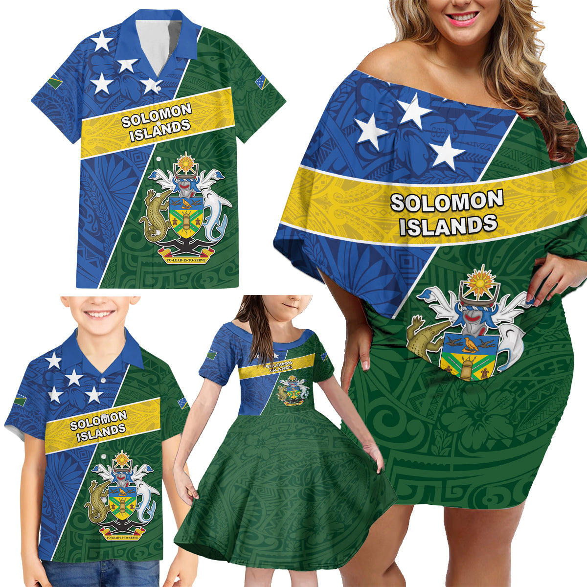 Personalised Solomon Islands Independence Day Family Matching Off Shoulder Short Dress and Hawaiian Shirt With Coat Of Arms LT05 - Polynesian Pride