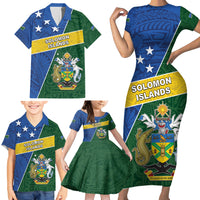 Personalised Solomon Islands Independence Day Family Matching Short Sleeve Bodycon Dress and Hawaiian Shirt With Coat Of Arms LT05 - Polynesian Pride