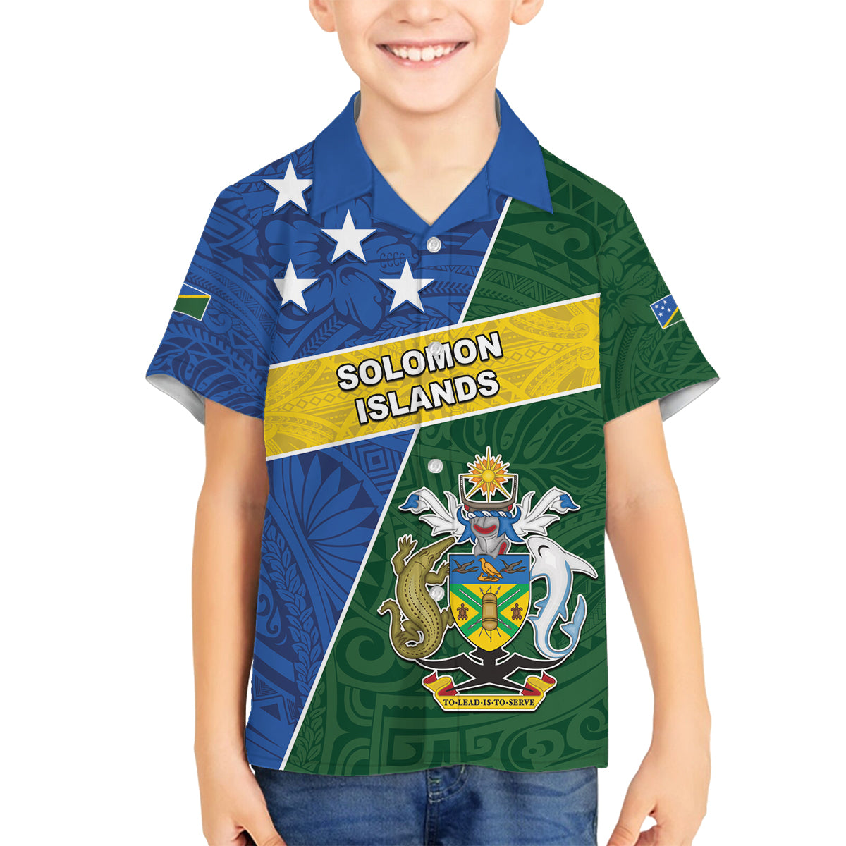 Personalised Solomon Islands Independence Day Family Matching Tank Maxi Dress and Hawaiian Shirt With Coat Of Arms LT05 Son's Shirt Green - Polynesian Pride