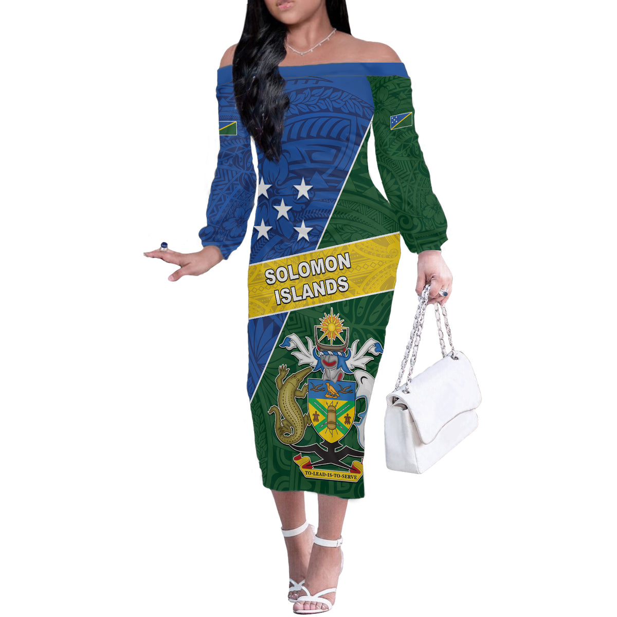Personalised Solomon Islands Independence Day Off The Shoulder Long Sleeve Dress With Coat Of Arms LT05 Women Green - Polynesian Pride
