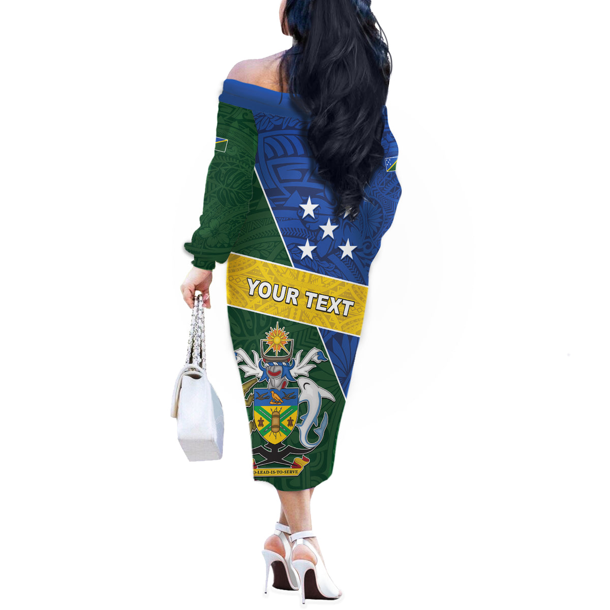 Personalised Solomon Islands Independence Day Off The Shoulder Long Sleeve Dress With Coat Of Arms LT05 - Polynesian Pride