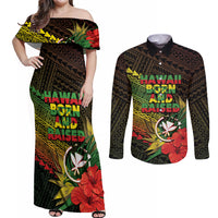 Personalized Hawaii Born and Raised Couples Matching Off Shoulder Maxi Dress and Long Sleeve Button Shirt Kanaka Maoli Flag Day LT05 Reggae - Polynesian Pride
