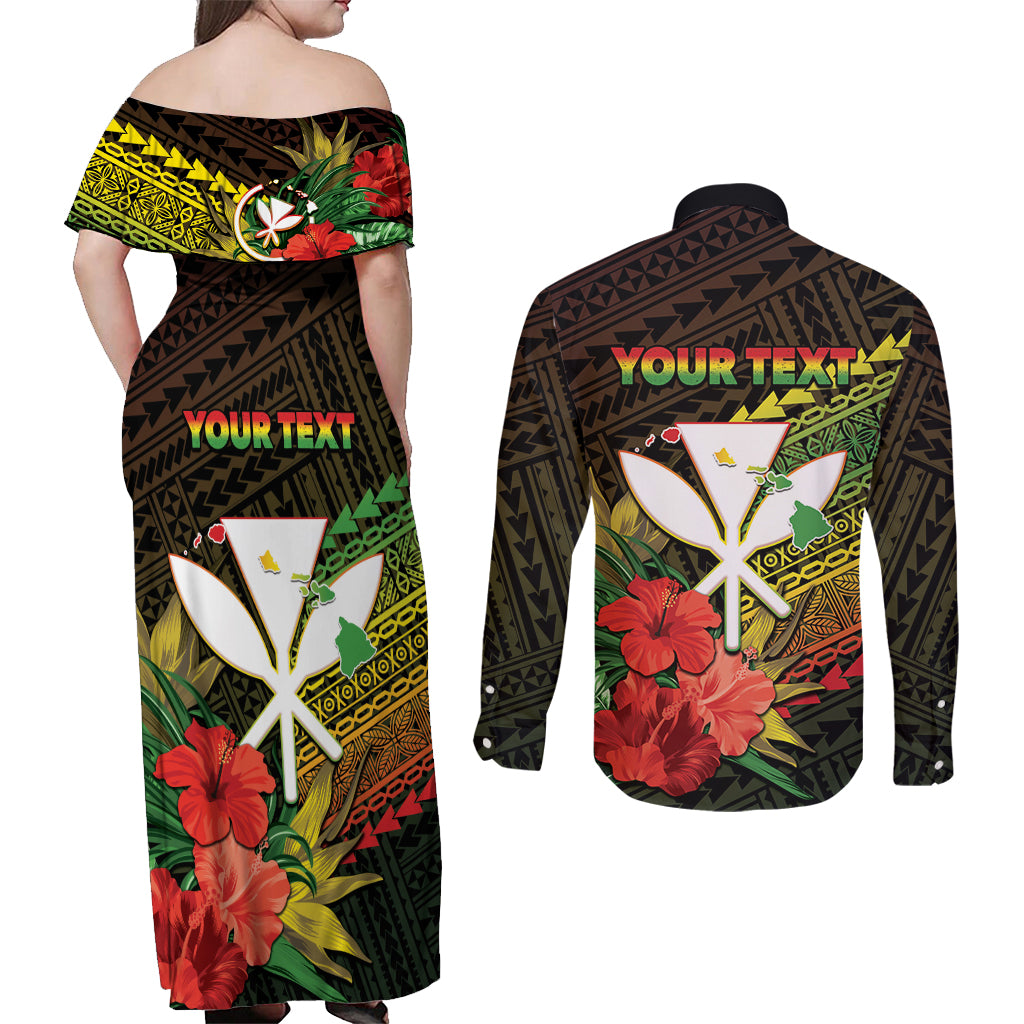Personalized Hawaii Born and Raised Couples Matching Off Shoulder Maxi Dress and Long Sleeve Button Shirt Kanaka Maoli Flag Day LT05 - Polynesian Pride
