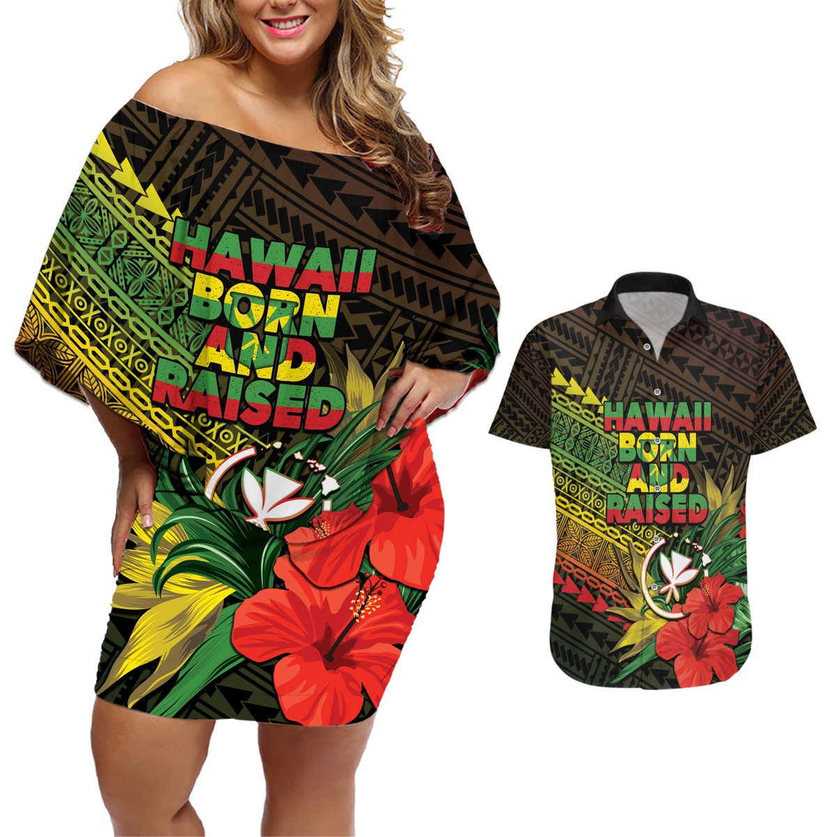 Personalized Hawaii Born and Raised Couples Matching Off Shoulder Short Dress and Hawaiian Shirt Kanaka Maoli Flag Day LT05 Reggae - Polynesian Pride