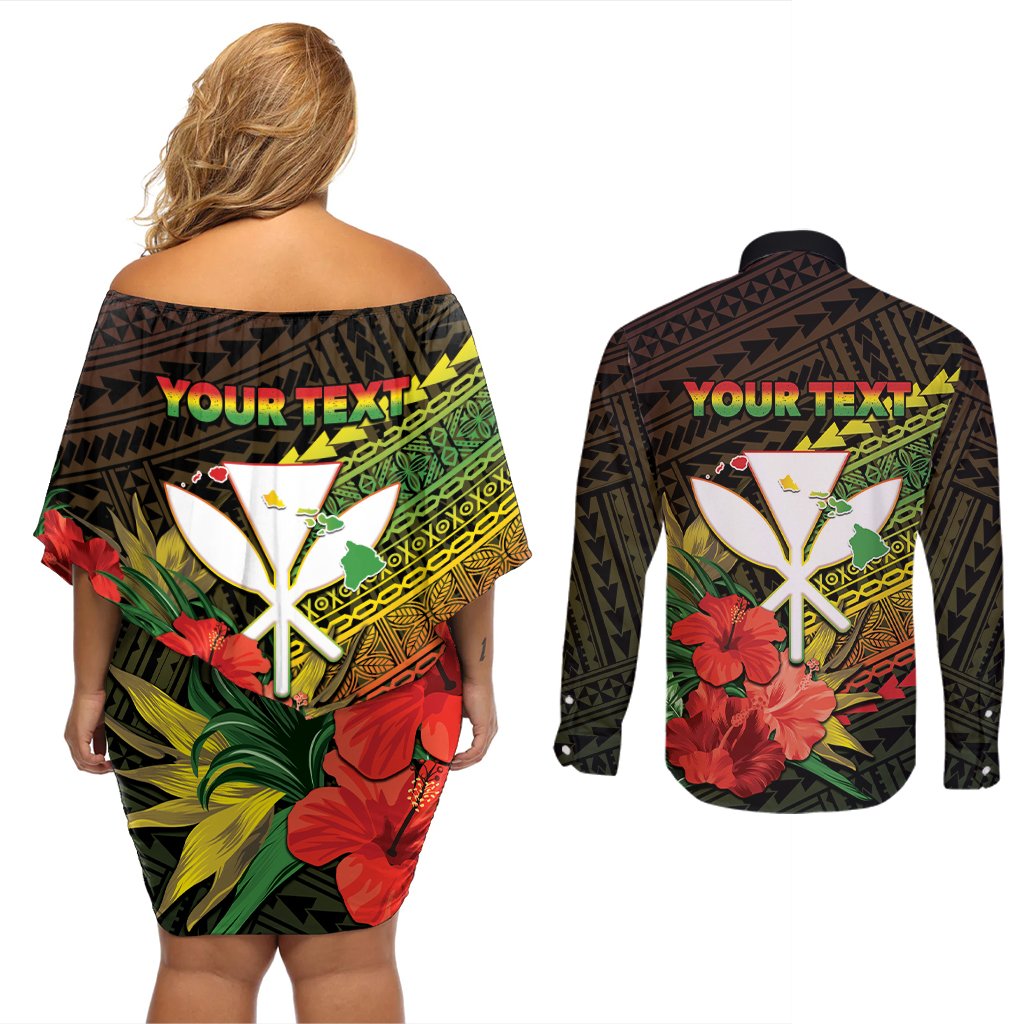 Personalized Hawaii Born and Raised Couples Matching Off Shoulder Short Dress and Long Sleeve Button Shirt Kanaka Maoli Flag Day LT05 - Polynesian Pride