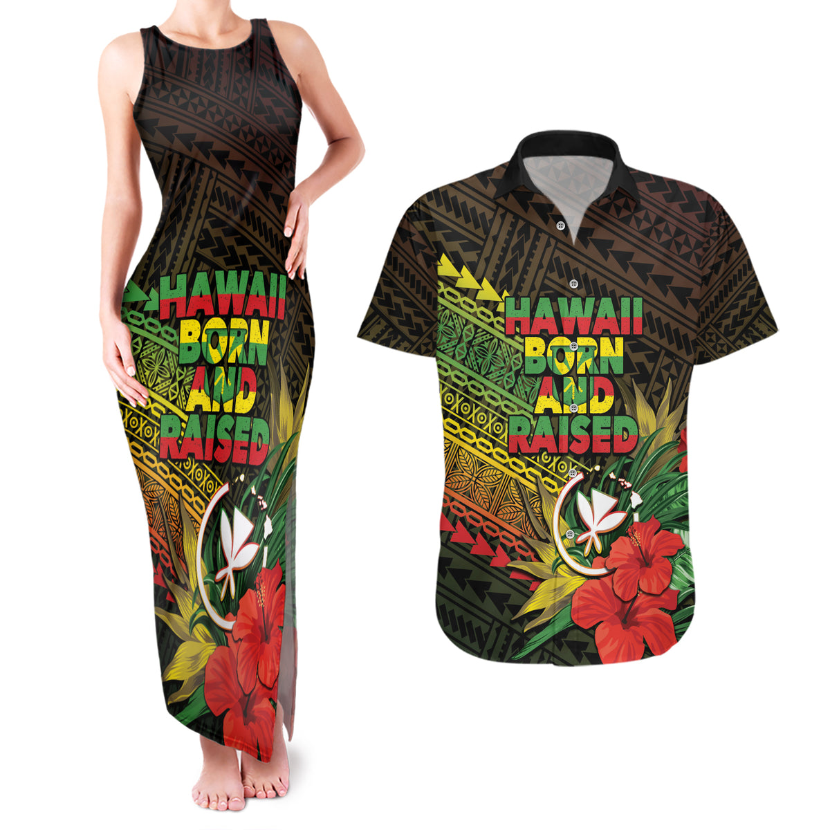 Personalized Hawaii Born and Raised Couples Matching Tank Maxi Dress and Hawaiian Shirt Kanaka Maoli Flag Day LT05 Reggae - Polynesian Pride
