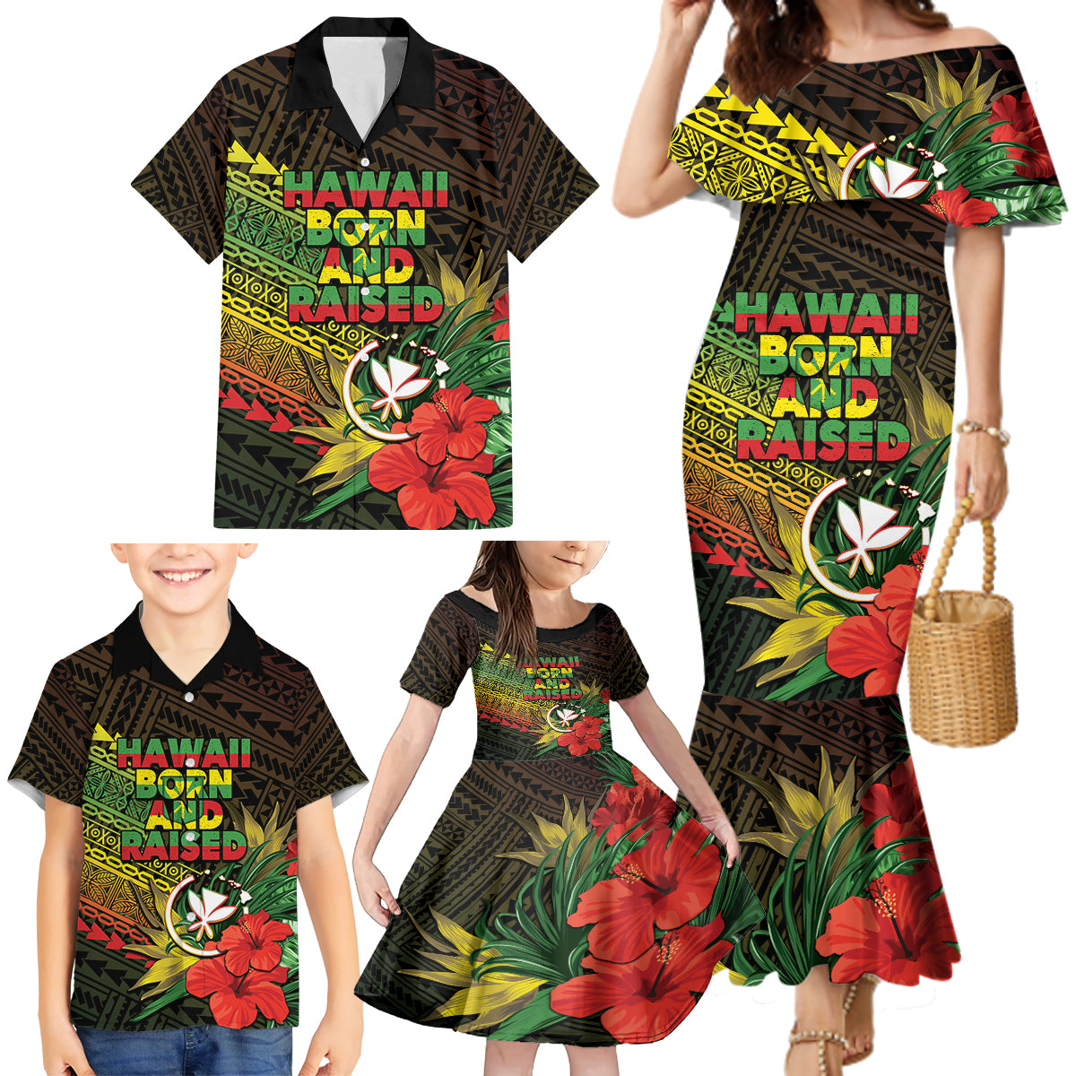 Personalized Hawaii Born and Raised Family Matching Mermaid Dress and Hawaiian Shirt Kanaka Maoli Flag Day LT05 - Polynesian Pride