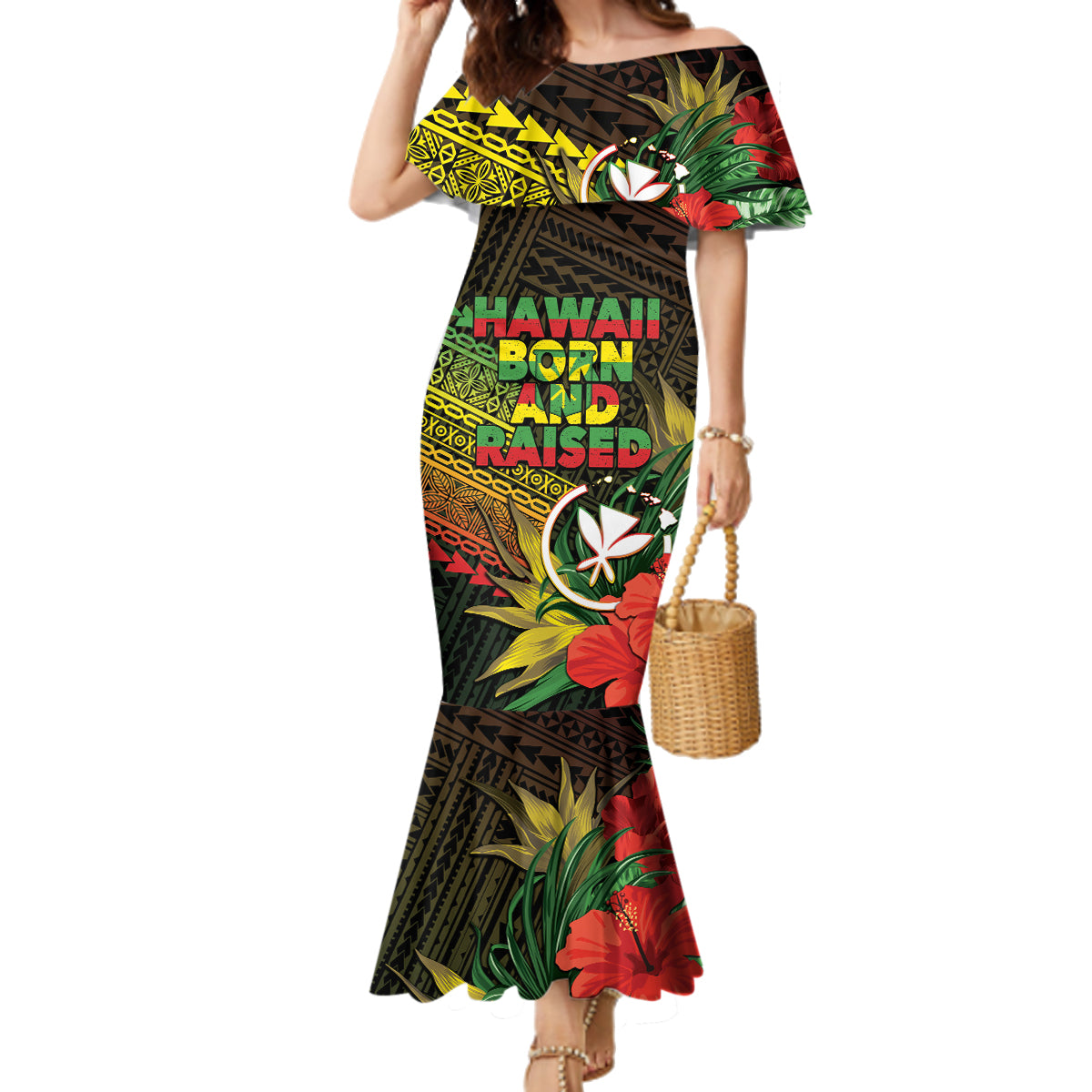 Personalized Hawaii Born and Raised Family Matching Mermaid Dress and Hawaiian Shirt Kanaka Maoli Flag Day LT05 Mom's Dress Reggae - Polynesian Pride