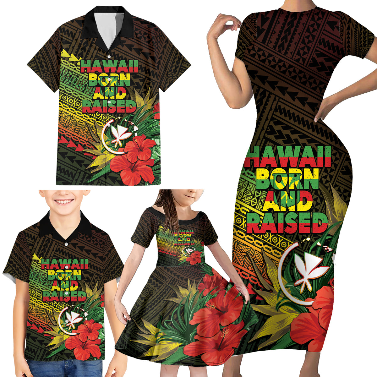 Personalized Hawaii Born and Raised Family Matching Short Sleeve Bodycon Dress and Hawaiian Shirt Kanaka Maoli Flag Day LT05 - Polynesian Pride