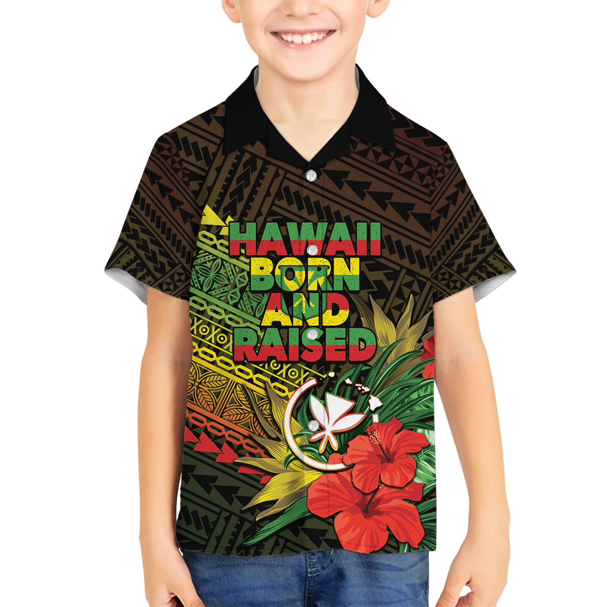 Personalized Hawaii Born and Raised Family Matching Tank Maxi Dress and Hawaiian Shirt Kanaka Maoli Flag Day LT05 Son's Shirt Reggae - Polynesian Pride