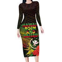 Personalized Hawaii Born and Raised Long Sleeve Bodycon Dress Kanaka Maoli Flag Day