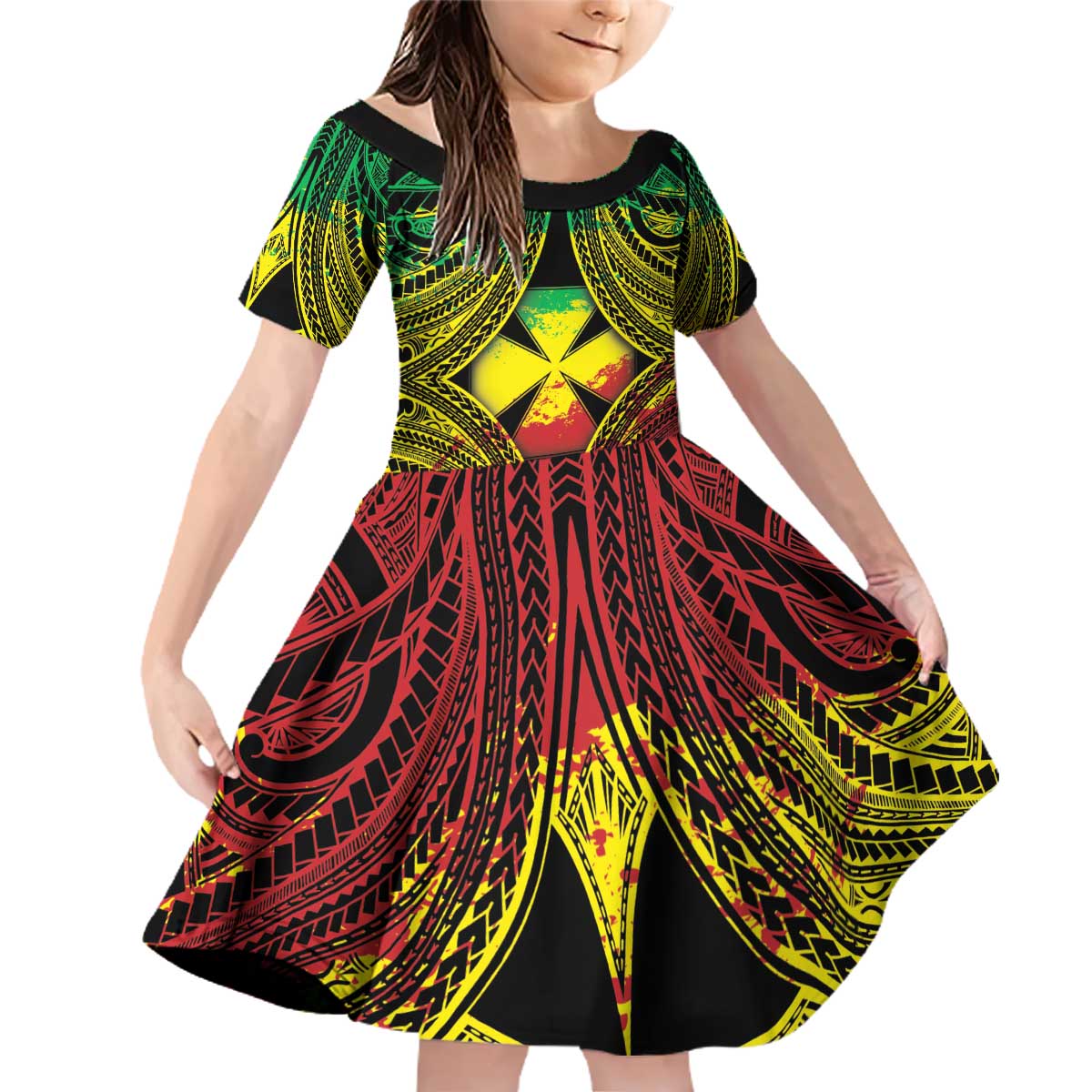 Personalised Wallis and Futuna Territory Day Family Matching Off Shoulder Short Dress and Hawaiian Shirt Polynesian Pattern Simple Style LT05 Daughter's Dress Reggae - Polynesian Pride