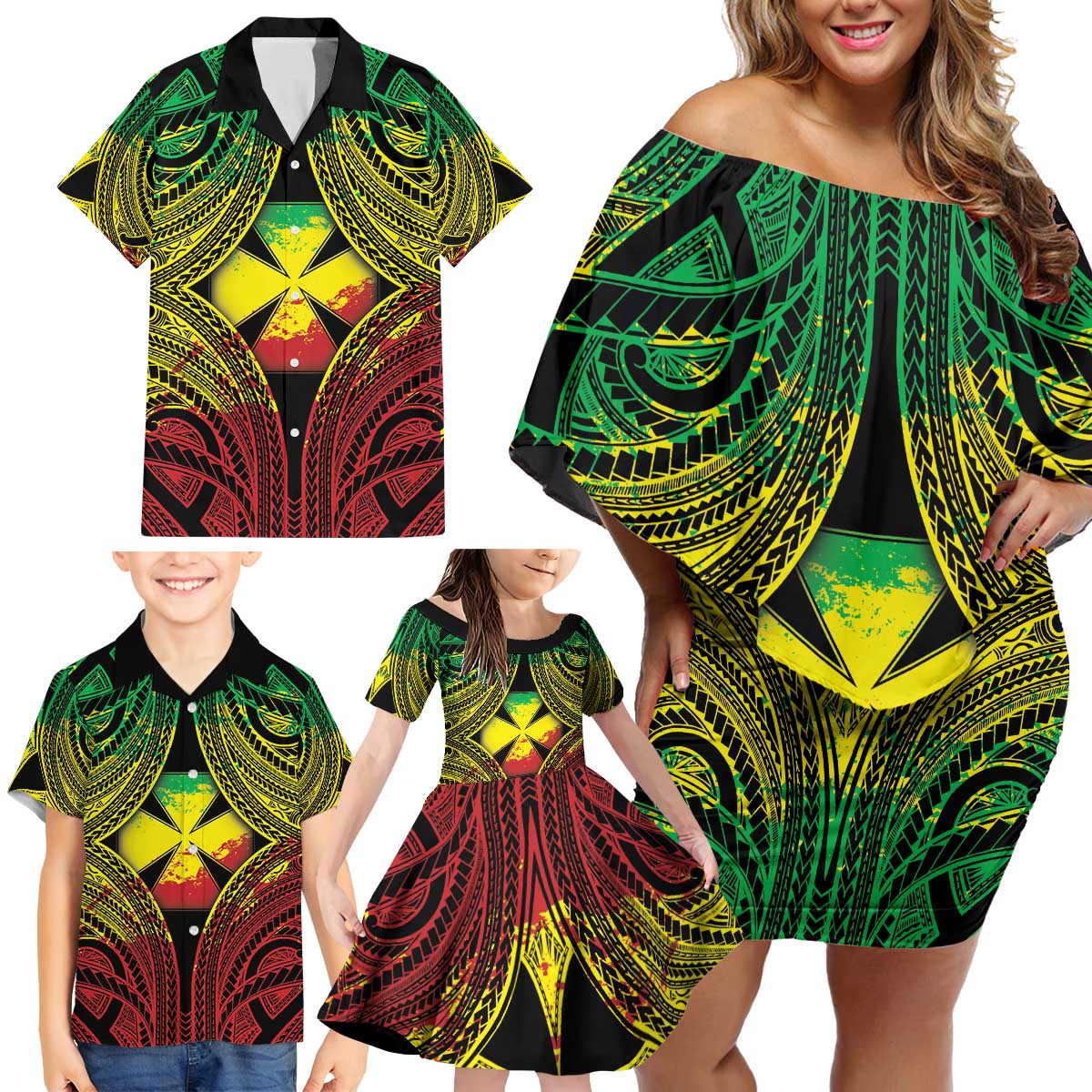 Personalised Wallis and Futuna Territory Day Family Matching Off Shoulder Short Dress and Hawaiian Shirt Polynesian Pattern Simple Style LT05 - Polynesian Pride