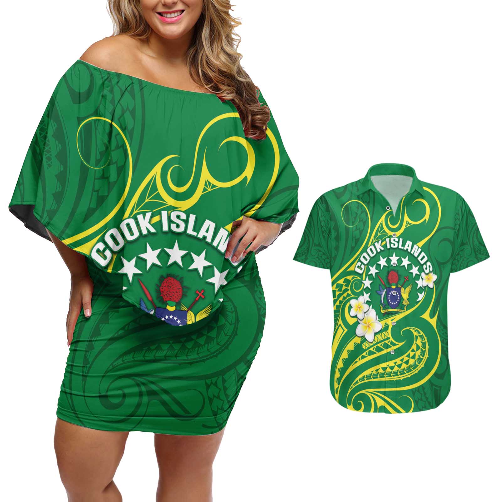 Cook Islands Happy Constitution Day Couples Matching Off Shoulder Short Dress and Hawaiian Shirt Pattern Tribal Art