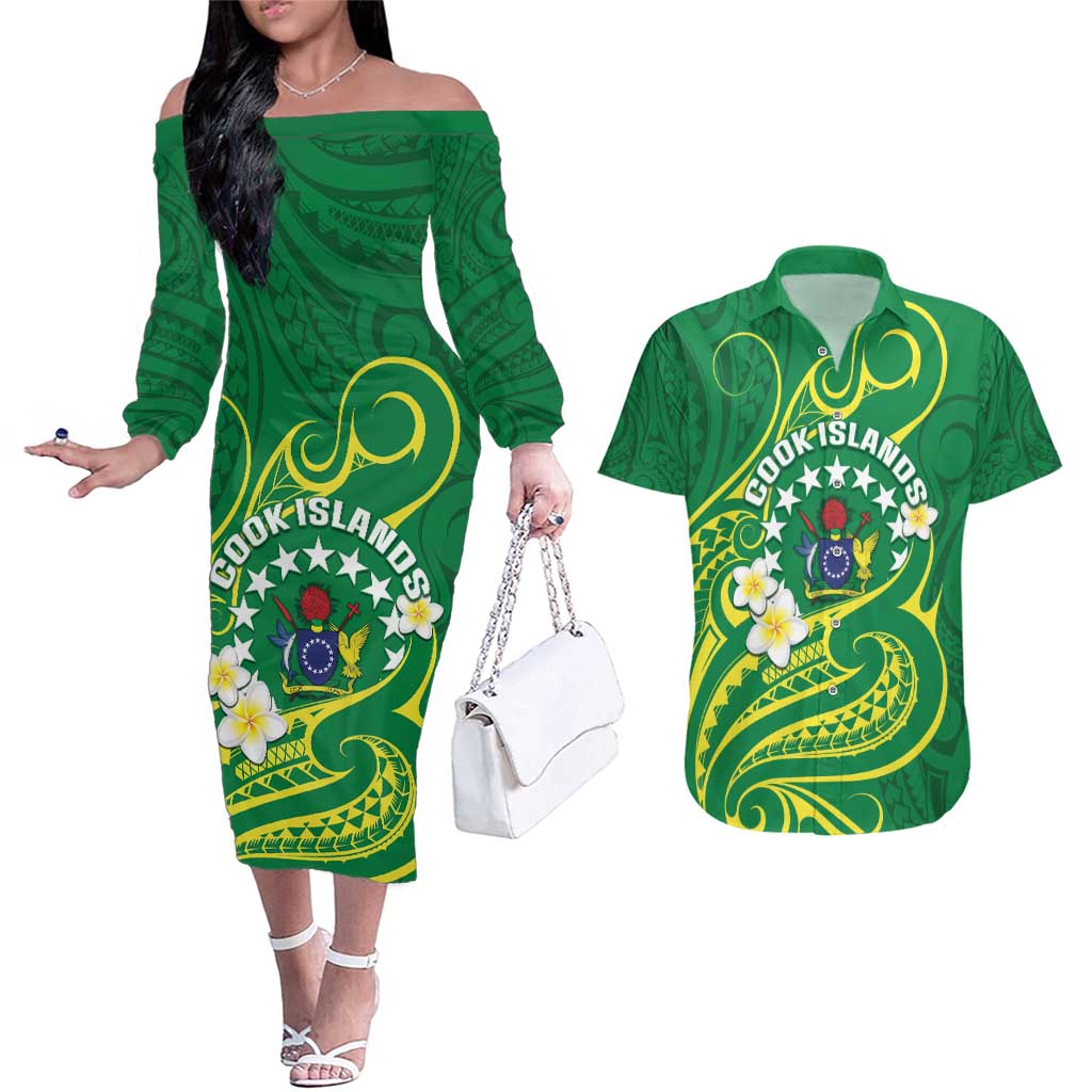 Cook Islands Happy Constitution Day Couples Matching Off The Shoulder Long Sleeve Dress and Hawaiian Shirt Pattern Tribal Art