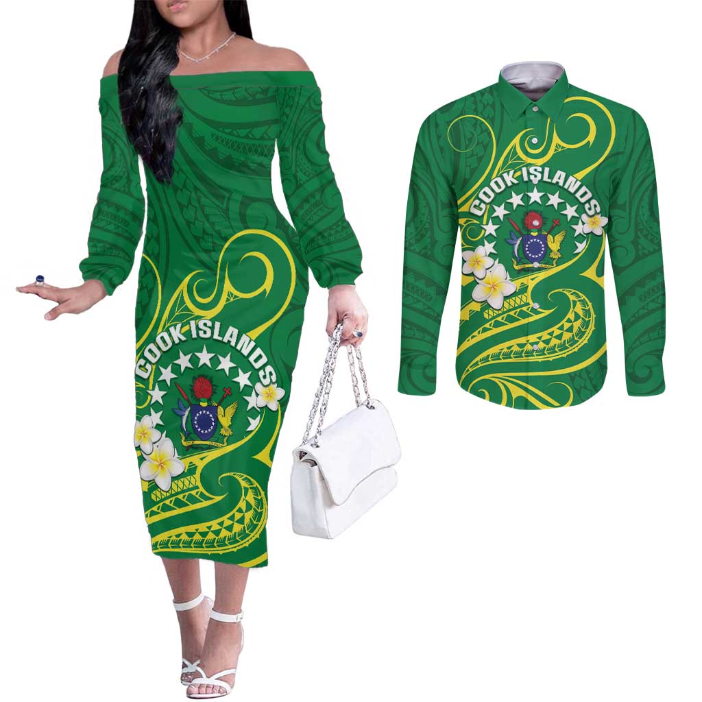 Cook Islands Happy Constitution Day Couples Matching Off The Shoulder Long Sleeve Dress and Long Sleeve Button Shirt Pattern Tribal Art
