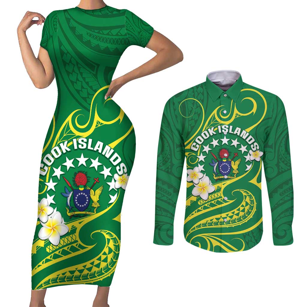 Cook Islands Happy Constitution Day Couples Matching Short Sleeve Bodycon Dress and Long Sleeve Button Shirt Pattern Tribal Art