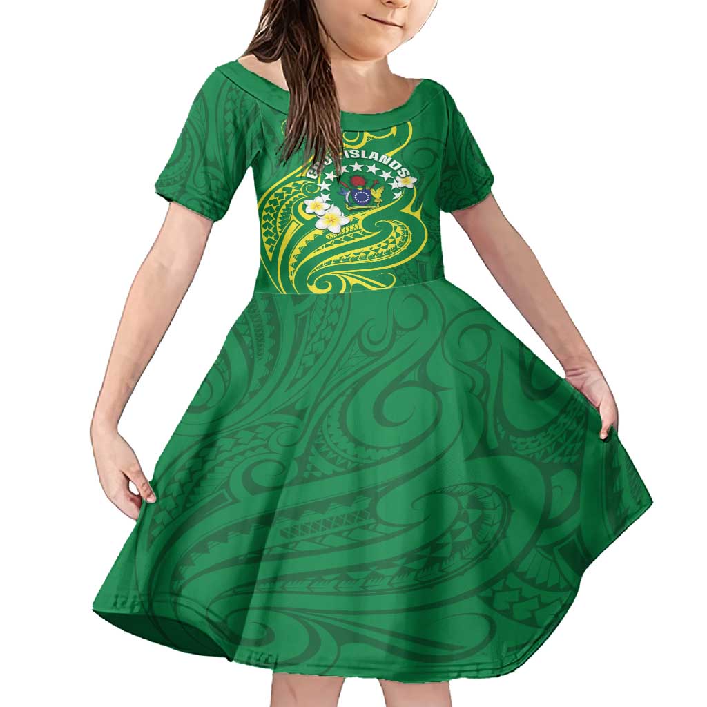 Cook Islands Happy Constitution Day Family Matching Off Shoulder Maxi Dress and Hawaiian Shirt Pattern Tribal Art LT05 Daughter's Dress Green - Polynesian Pride