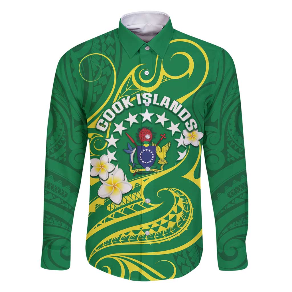 Cook Islands Happy Constitution Day Family Matching Off Shoulder Maxi Dress and Hawaiian Shirt Pattern Tribal Art LT05 Dad's Shirt - Long Sleeve Green - Polynesian Pride