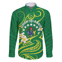 Cook Islands Happy Constitution Day Family Matching Off Shoulder Maxi Dress and Hawaiian Shirt Pattern Tribal Art LT05 Dad's Shirt - Long Sleeve Green - Polynesian Pride