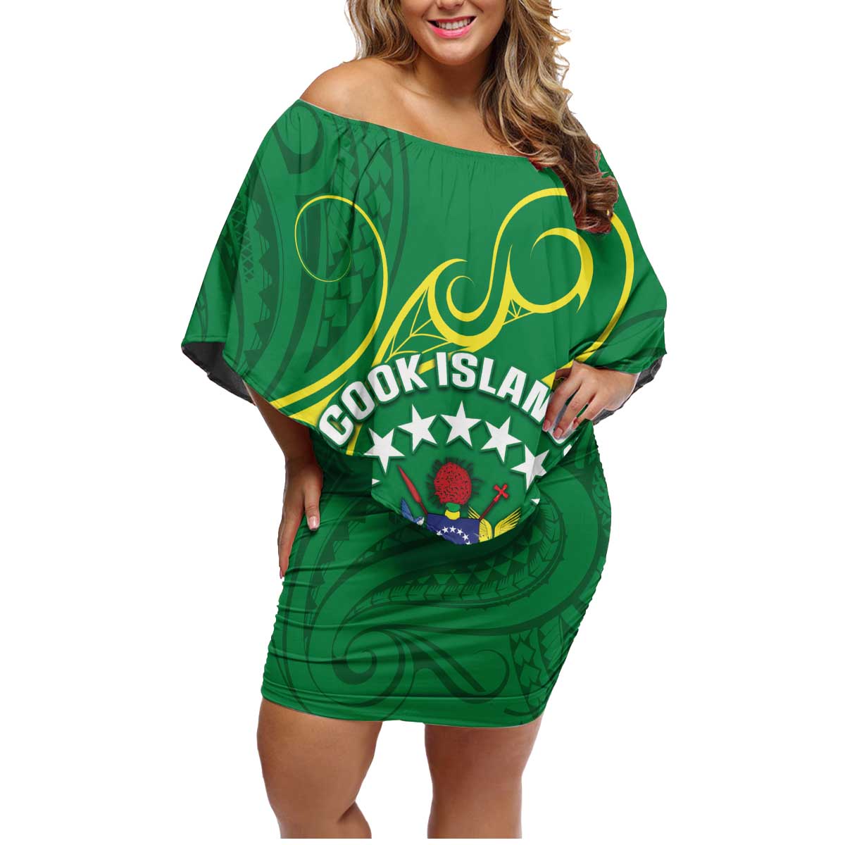 Cook Islands Happy Constitution Day Family Matching Off Shoulder Short Dress and Hawaiian Shirt Pattern Tribal Art LT05 Mom's Dress Green - Polynesian Pride