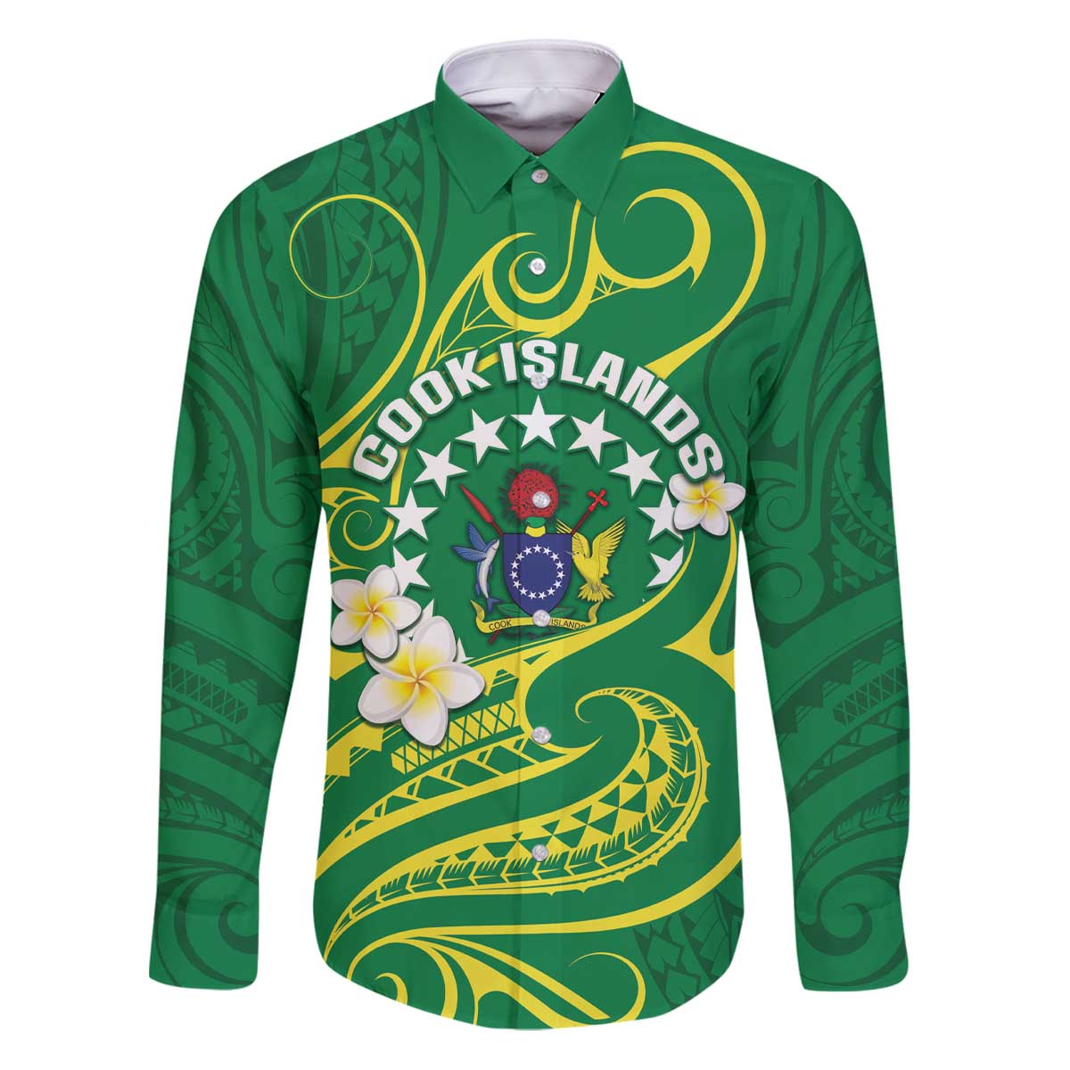 Cook Islands Happy Constitution Day Family Matching Puletasi and Hawaiian Shirt Pattern Tribal Art LT05 Dad's Shirt - Long Sleeve Green - Polynesian Pride