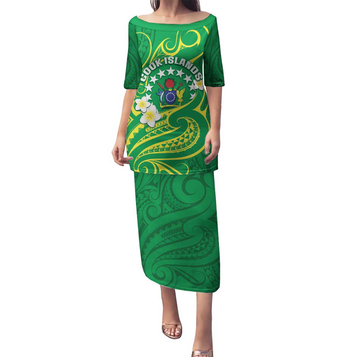 Cook Islands Happy Constitution Day Family Matching Puletasi and Hawaiian Shirt Pattern Tribal Art LT05 Mom's Dress Green - Polynesian Pride