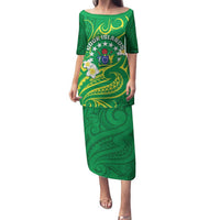 Cook Islands Happy Constitution Day Family Matching Puletasi and Hawaiian Shirt Pattern Tribal Art LT05 Mom's Dress Green - Polynesian Pride