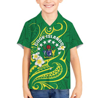 Cook Islands Happy Constitution Day Family Matching Puletasi and Hawaiian Shirt Pattern Tribal Art LT05 Son's Shirt Green - Polynesian Pride