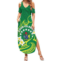 Cook Islands Happy Constitution Day Family Matching Summer Maxi Dress and Hawaiian Shirt Pattern Tribal Art LT05 Mom's Dress Green - Polynesian Pride