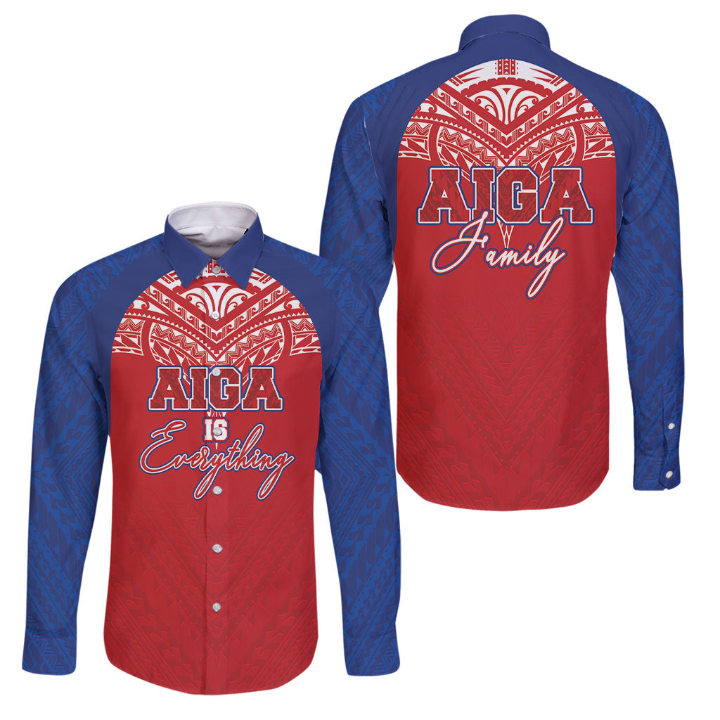 Aiga Samoa Family Matching Off Shoulder Maxi Dress and Hawaiian Shirt Aiga Is Everything LT05 Dad's Shirt - Long Sleeve Red - Polynesian Pride