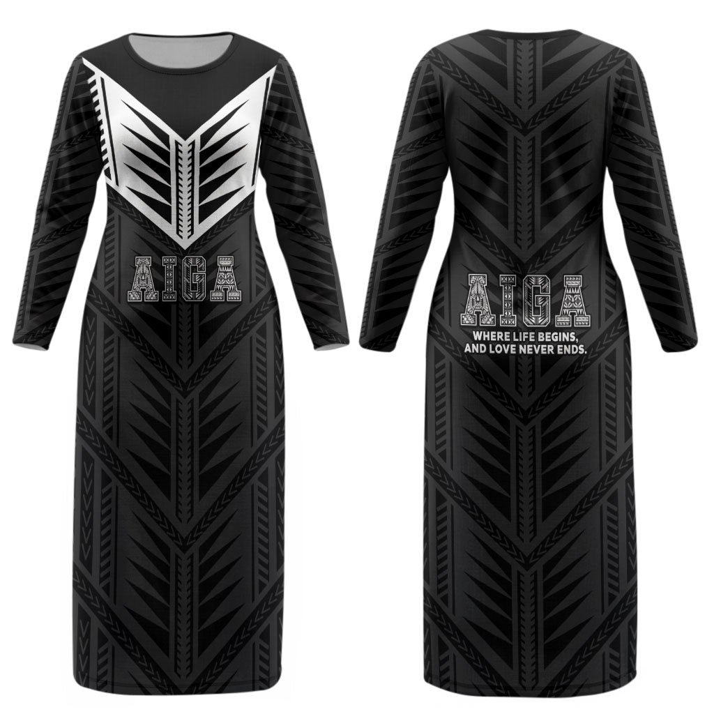 Samoa Aiga Couples Matching Long Sleeve Bodycon Dress and Hawaiian Shirt Samoan Tribal Pattern LT05 - Polynesian Pride