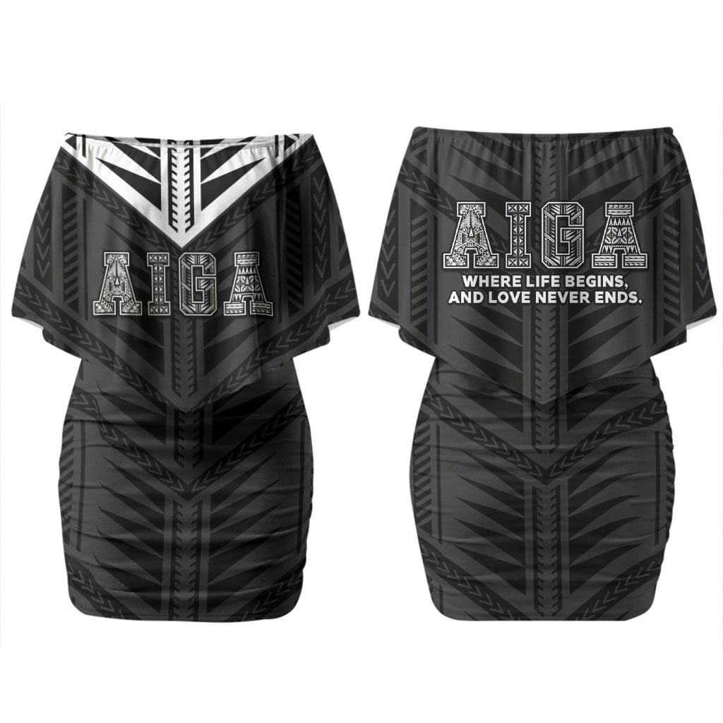 Samoa Aiga Family Matching Off Shoulder Short Dress and Hawaiian Shirt Samoan Tribal Pattern LT05 Mom's Dress Black - Polynesian Pride
