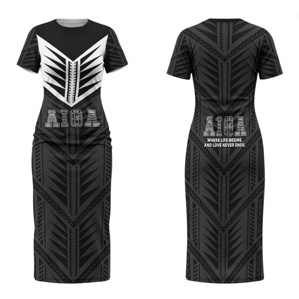 Samoa Aiga Family Matching Short Sleeve Bodycon Dress and Hawaiian Shirt Samoan Tribal Pattern LT05 Mom's Dress Black - Polynesian Pride