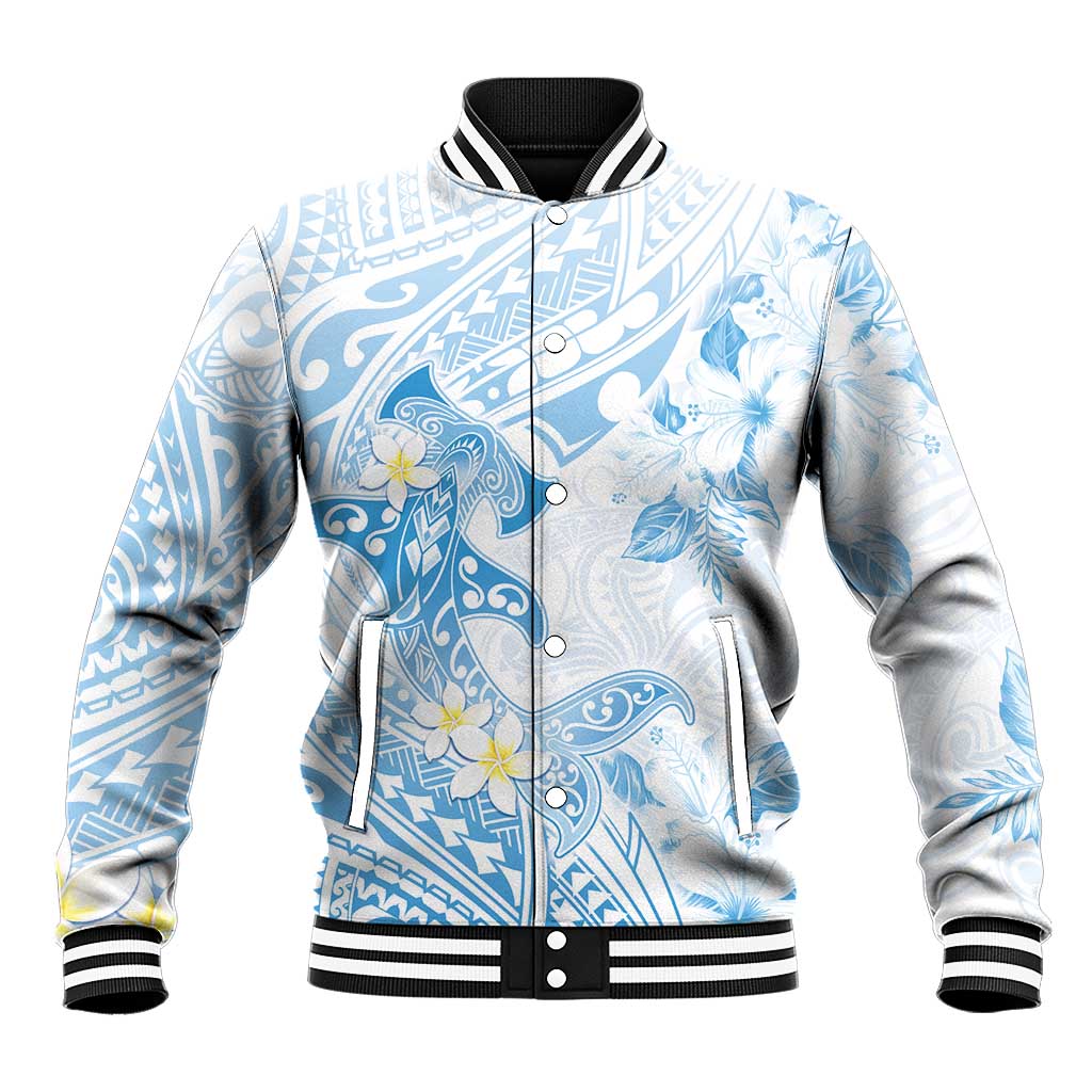 Polynesia Hammerhead Shark Baseball Jacket Tropical Flowers Tribal Pattern Blue