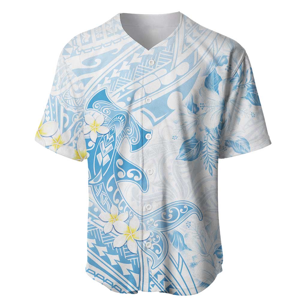 Polynesia Hammerhead Shark Baseball Jersey Tropical Flowers Tribal Pattern Blue