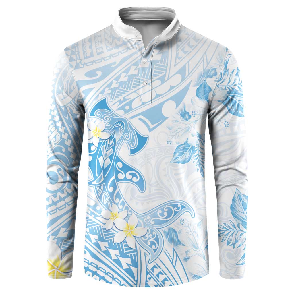 Polynesia Hammerhead Shark Button Sweatshirt Tropical Flowers Tribal Pattern Blue