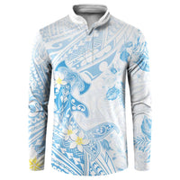 Polynesia Hammerhead Shark Button Sweatshirt Tropical Flowers Tribal Pattern Blue