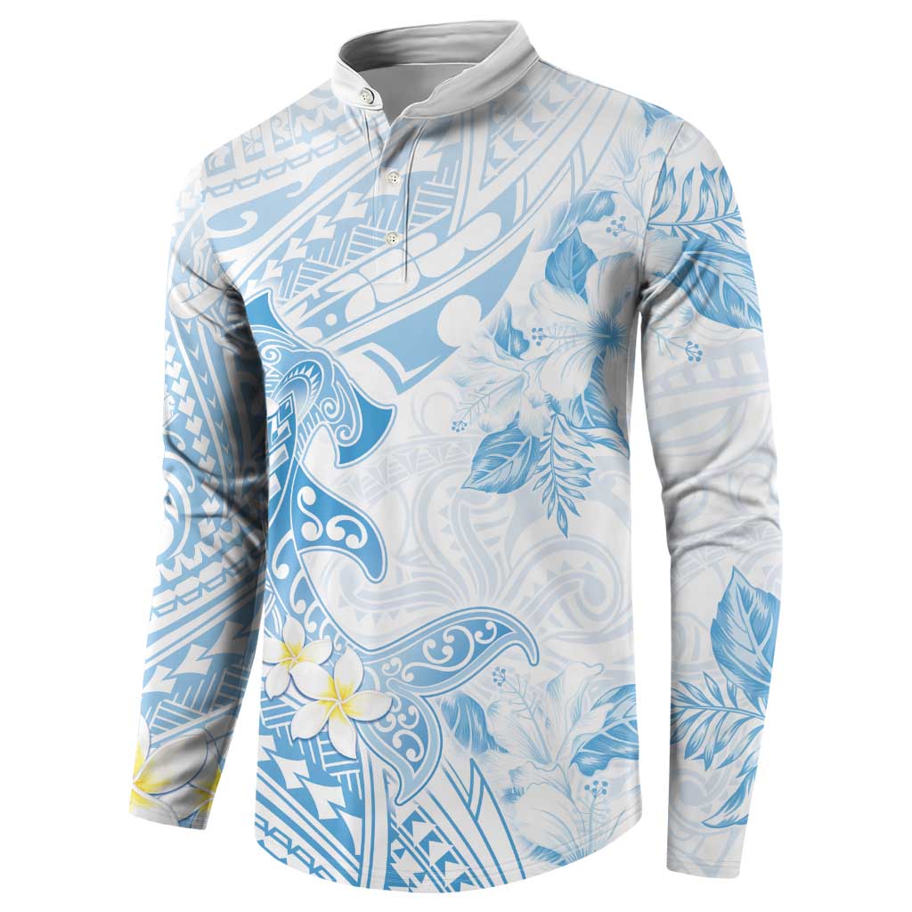 Polynesia Hammerhead Shark Button Sweatshirt Tropical Flowers Tribal Pattern Blue