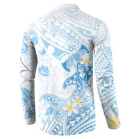 Polynesia Hammerhead Shark Button Sweatshirt Tropical Flowers Tribal Pattern Blue