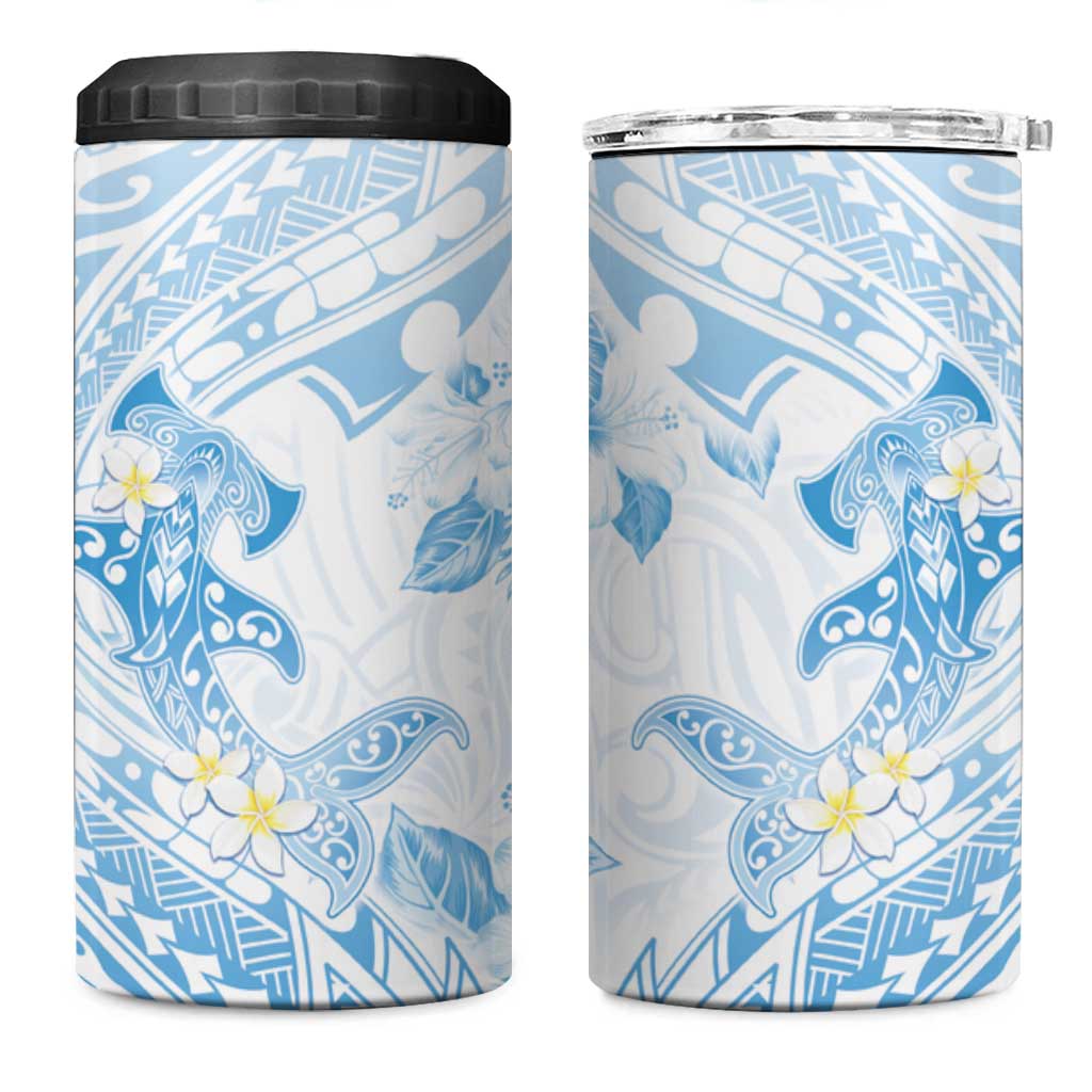 Polynesia Hammerhead Shark 4 in 1 Can Cooler Tumbler Tropical Flowers Tribal Pattern Blue