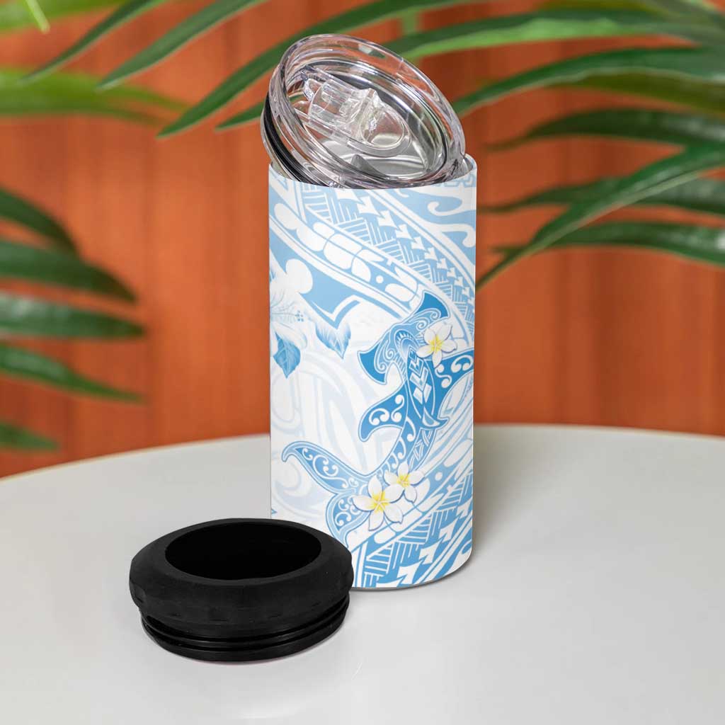 Polynesia Hammerhead Shark 4 in 1 Can Cooler Tumbler Tropical Flowers Tribal Pattern Blue
