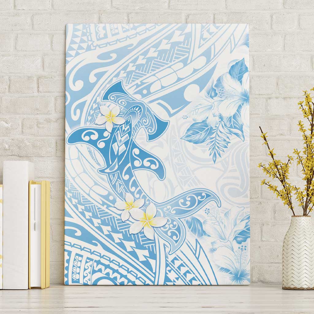 Polynesia Hammerhead Shark Canvas Wall Art Tropical Flowers Tribal Pattern Blue