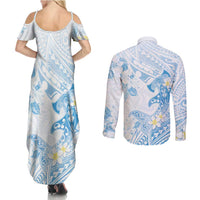 Polynesia Hammerhead Shark Couples Matching Summer Maxi Dress and Long Sleeve Button Shirt Tropical Flowers Tribal Pattern Blue