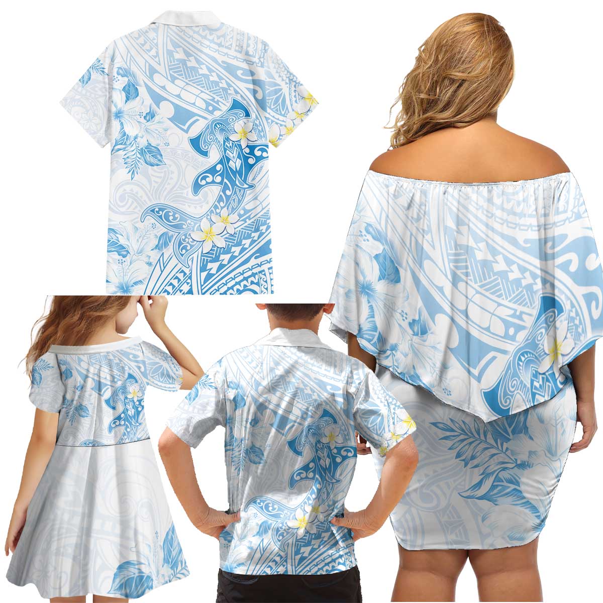 Polynesia Hammerhead Shark Family Matching Off Shoulder Short Dress and Hawaiian Shirt Tropical Flowers Tribal Pattern Blue