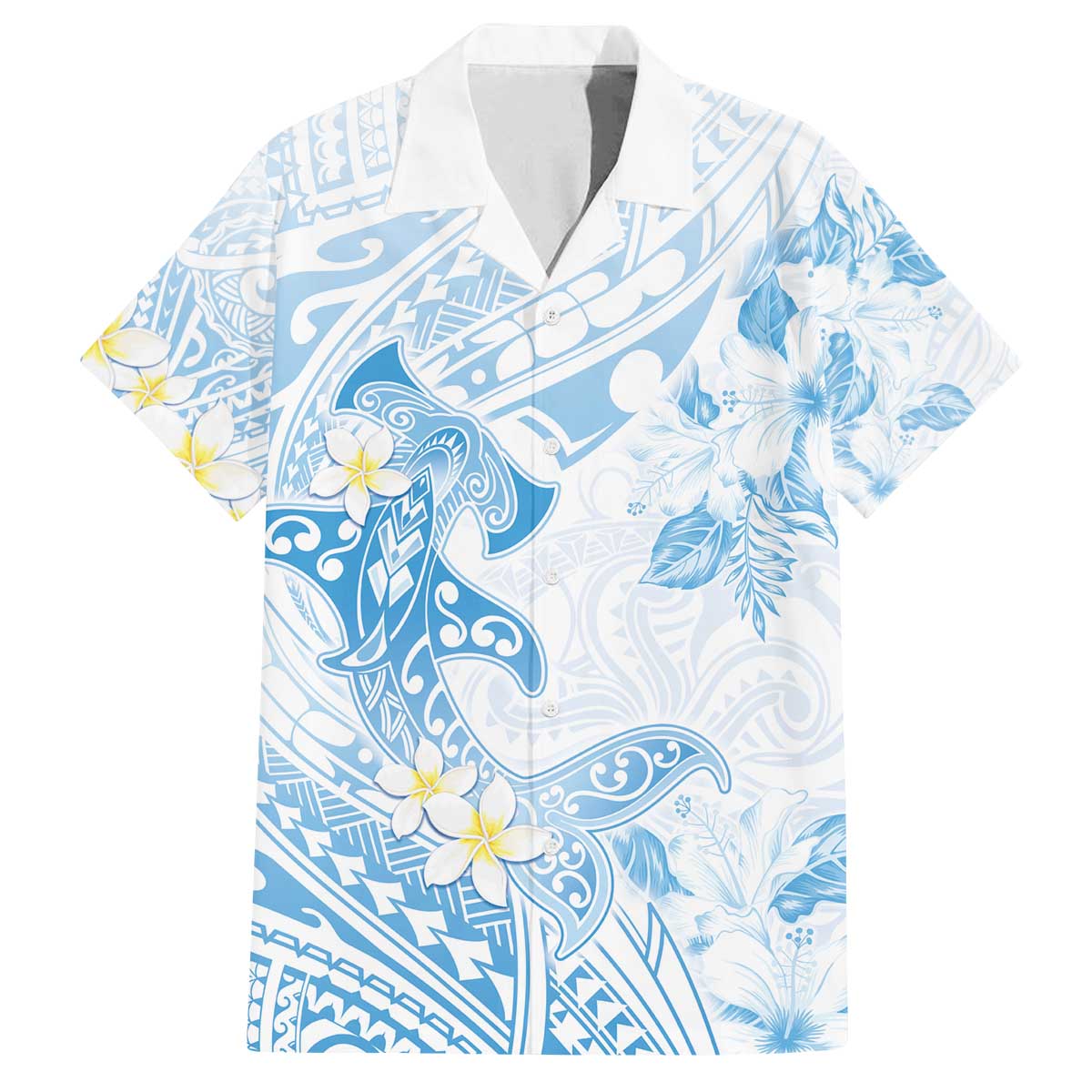 Polynesia Hammerhead Shark Family Matching Off Shoulder Short Dress and Hawaiian Shirt Tropical Flowers Tribal Pattern Blue